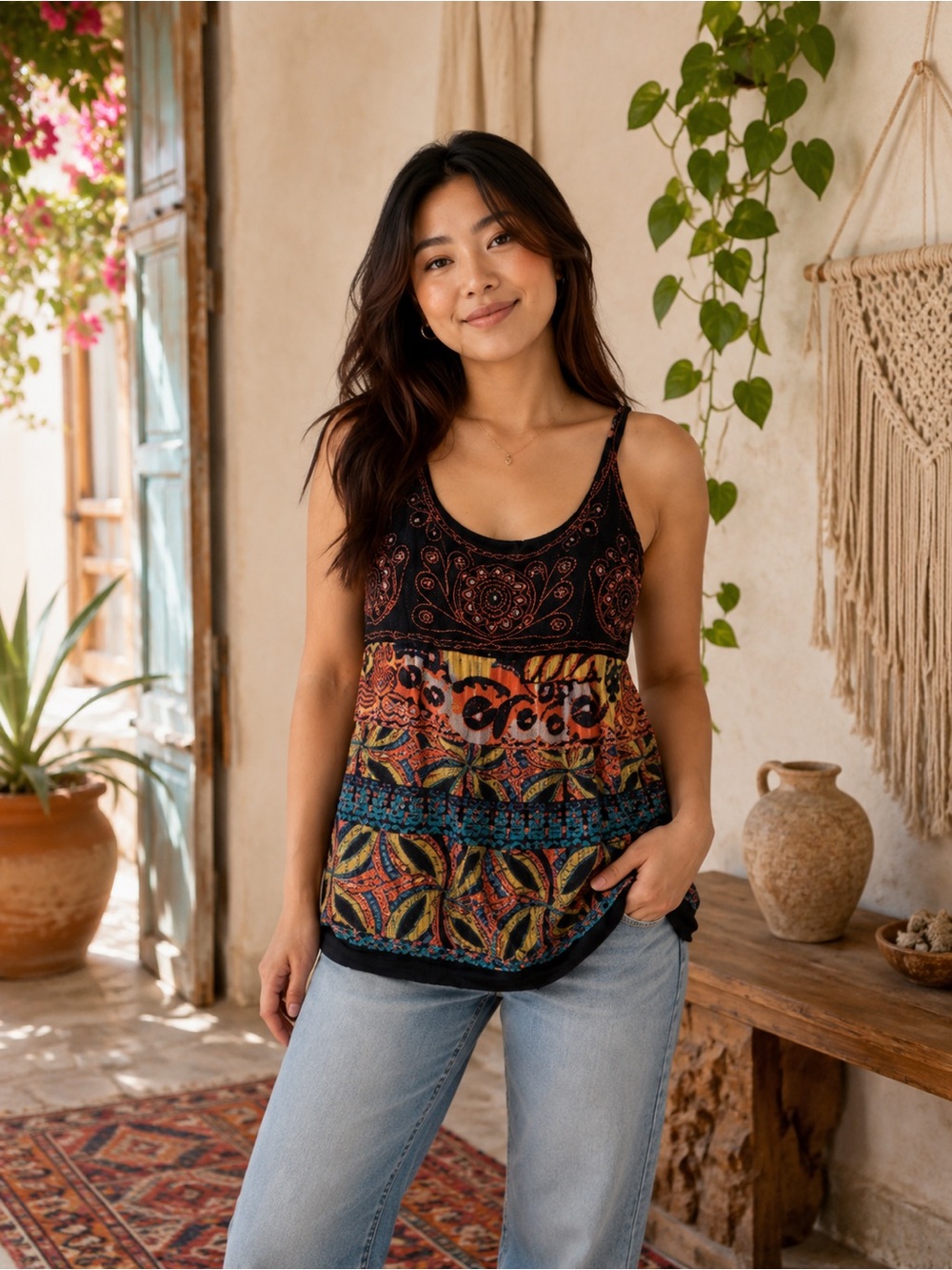 Angie Black & Multicolor Boho Printed Camisole